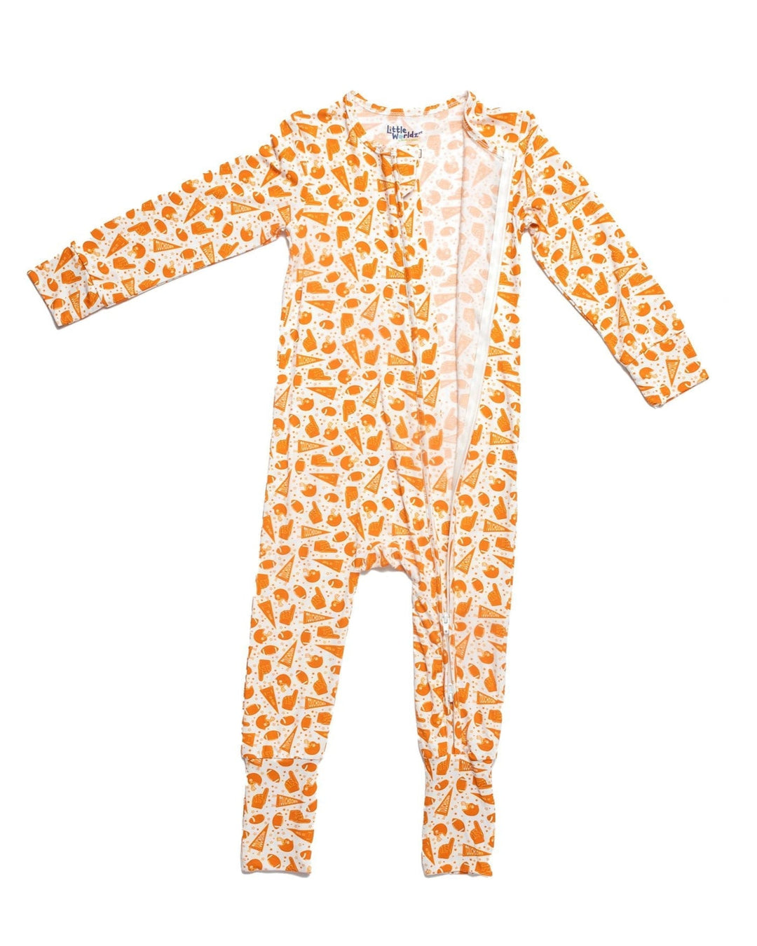 Toddler bamboo pajama set with orange-and-white football print, zip-up front