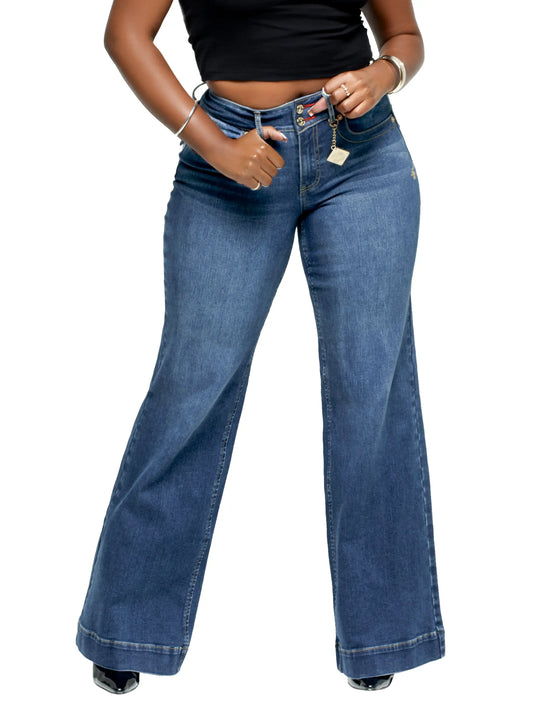 Front view of wide-leg jeans in medium-blue wash with gold hardware and belt loops