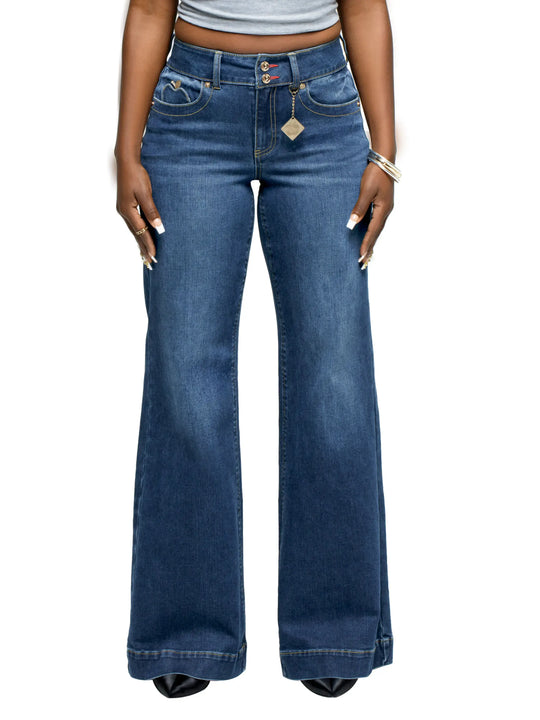 Wide-leg denim jeans, medium-dark blue wash, high waist, back yoke stitching details