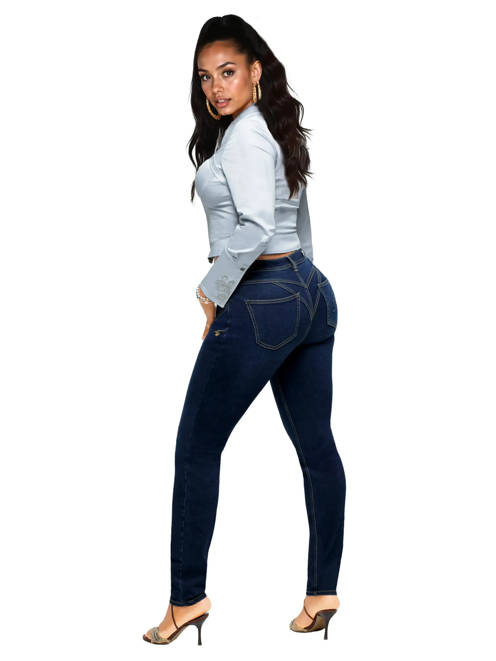 Dark blue skinny ankle jeans with fitted waist and back pockets