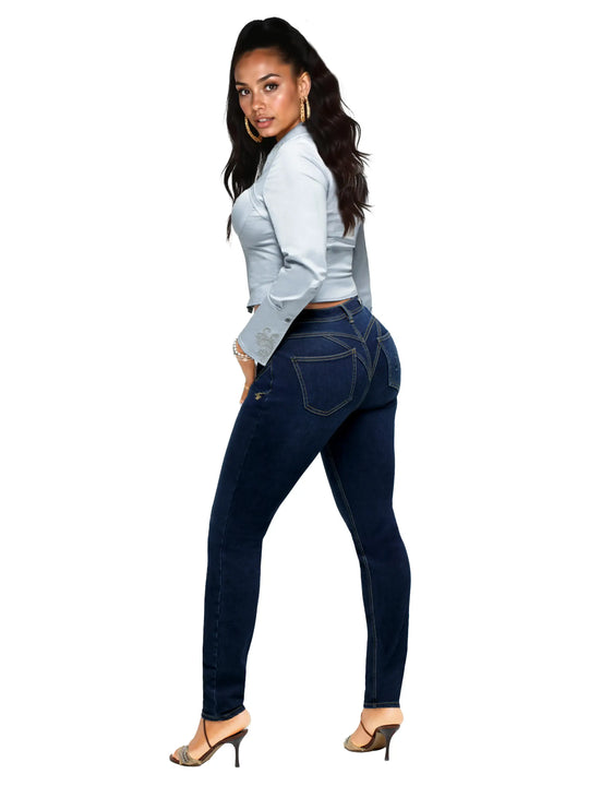 Dark blue skinny ankle jeans with fitted waist and back pockets