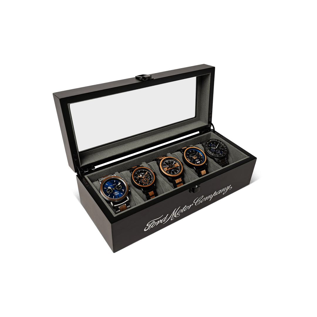 Ebony 5-watch holder with 5 compartments and gray inserts, open