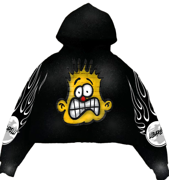 Frenzy Hoodie, black pullover with cartoon face graphic and flame sleeves