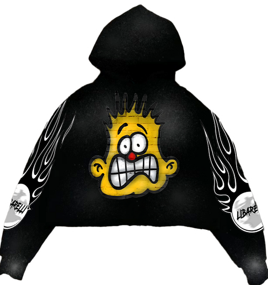 Frenzy Hoodie, black pullover with cartoon face graphic and flame sleeves
