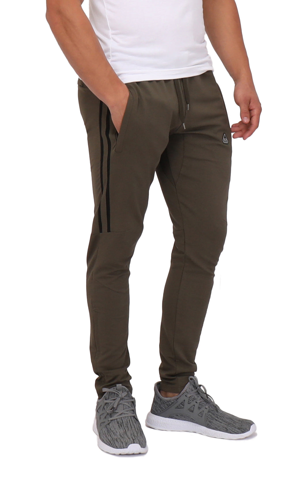 Khaki green joggers with black side stripes and tapered ankle cuffs