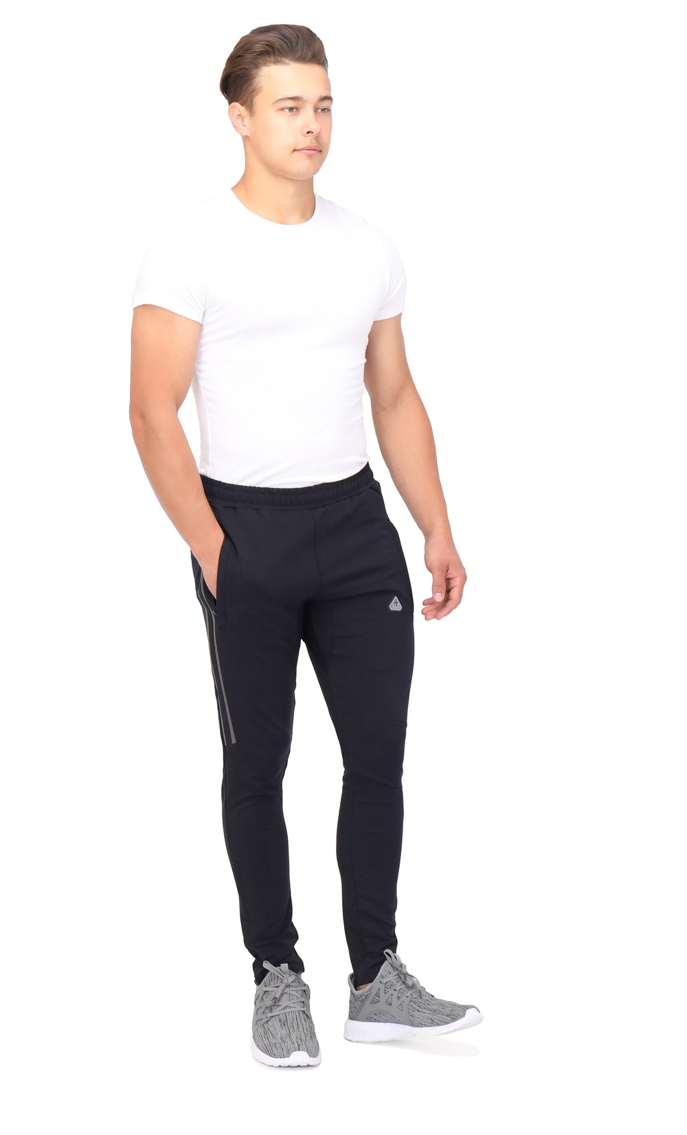 Flex jogger sweatpants with elastic waistband, dark fabric and grey stripe accents