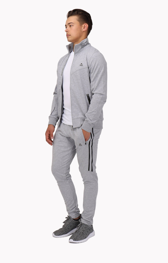 Hellgrau melierte Full-Zip-Sweatjacke mit Dreieckslogo vorn und elastischen Bündchen