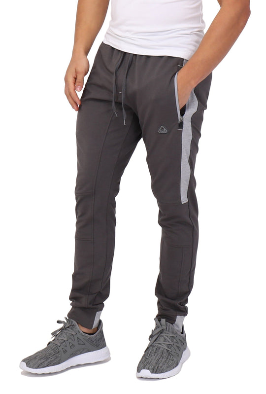 Infinite Flex Jogger TALL side view in dark grey with light grey stripe and logo patch