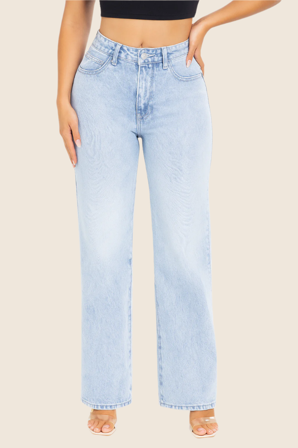 Light-blue Snatch Factor jeans, front button fly and belt loops