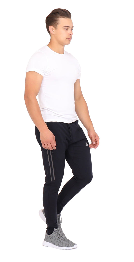 Flex jogger sweatpants, side view with dark fabric and grey stripe panel on leg