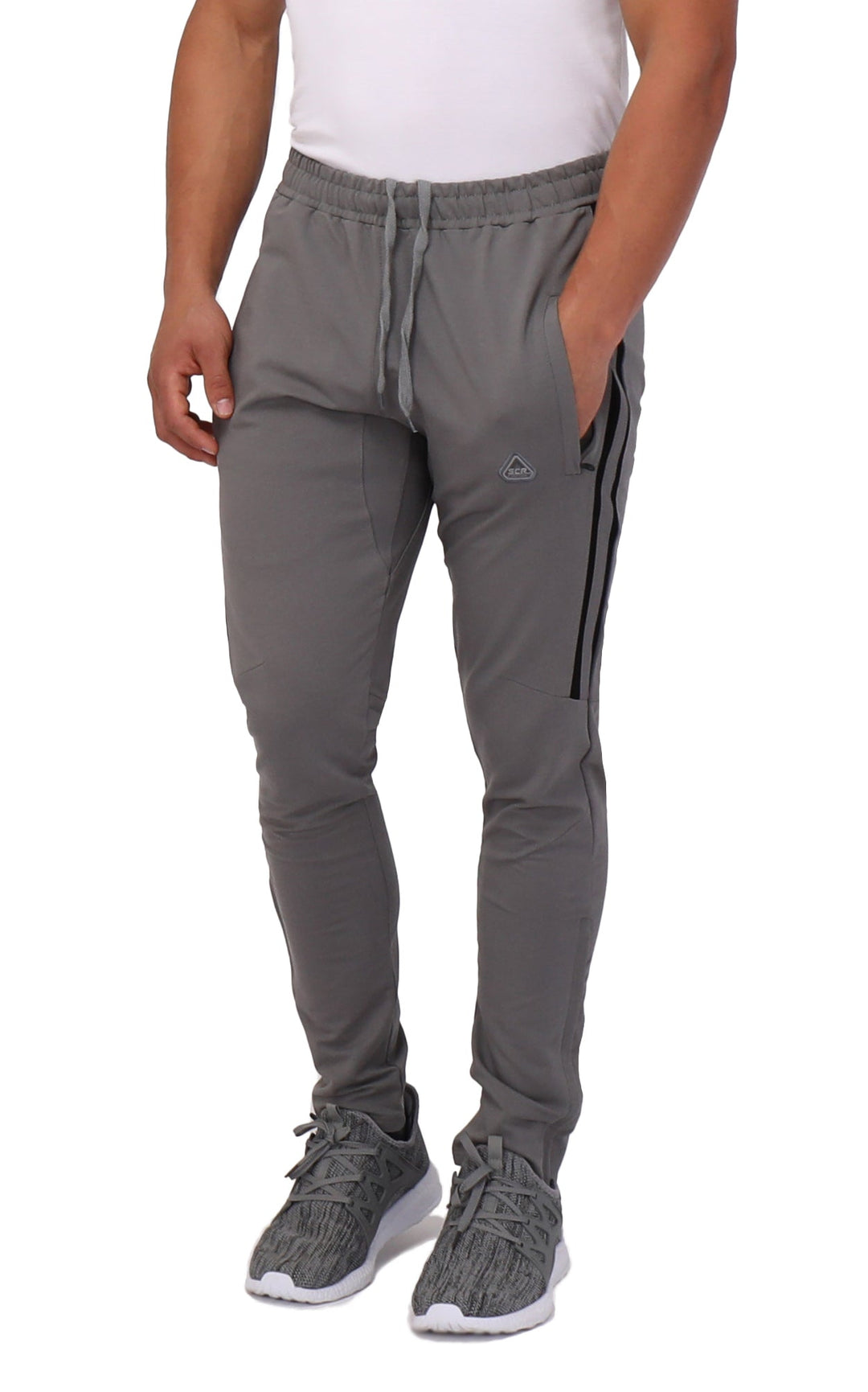 Platinum grey flex joggers with drawstring waist and black side stripe