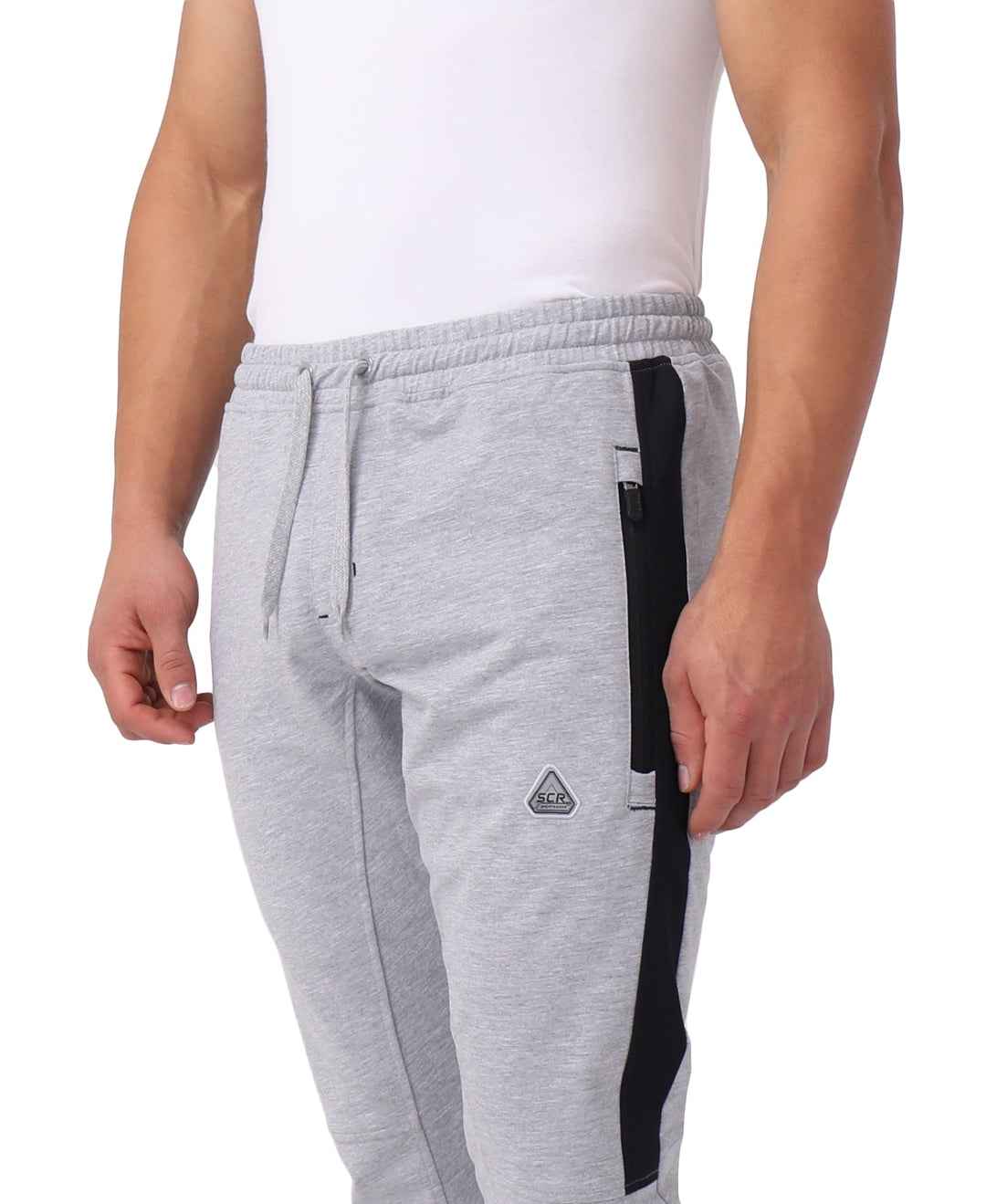 Light grey heather/black Infinite Flex joggers with drawstring waistband and side stripe