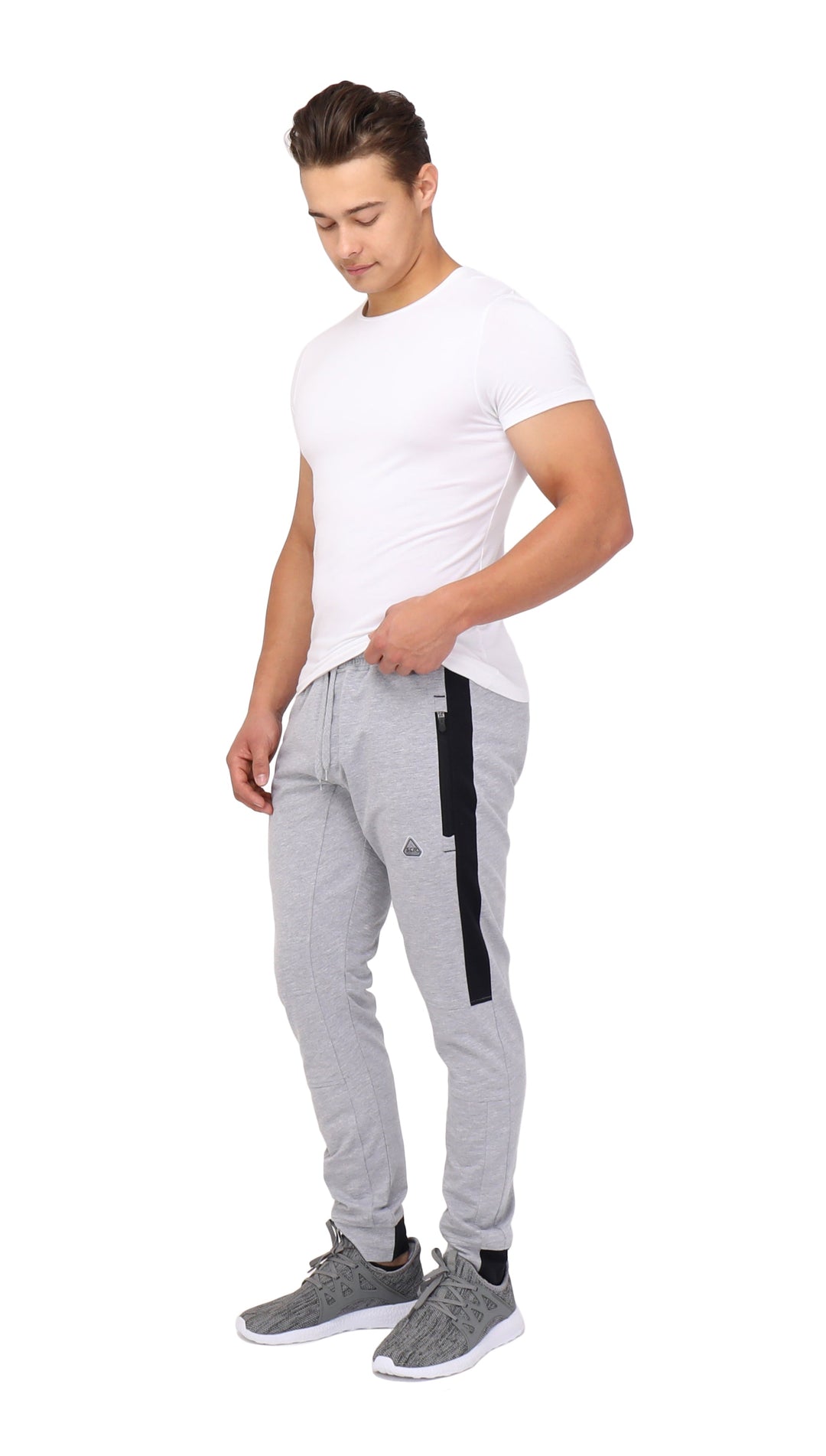 Infinite Flex Jogger TALL in light grey heather with black side stripe, drawstring waistband