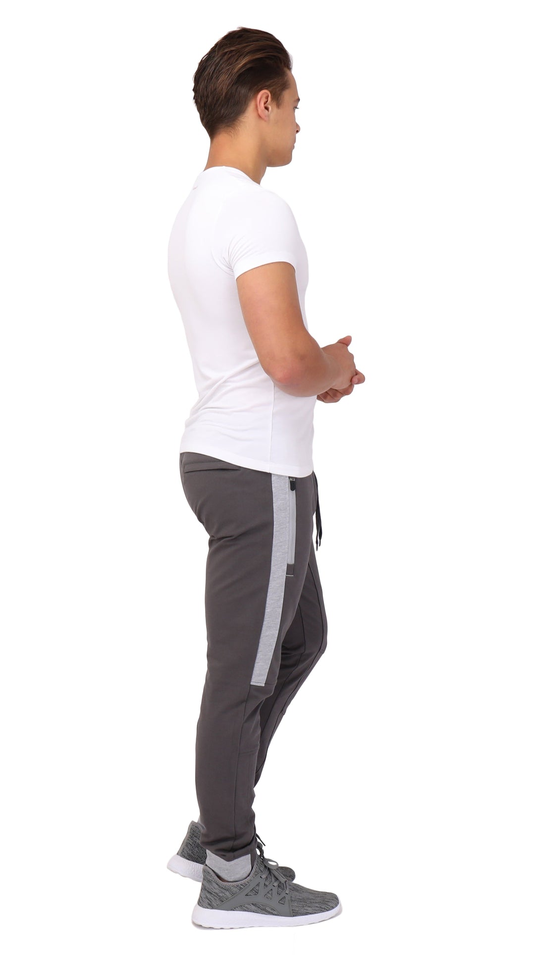 Infinite Flex Jogger TALL back/side view in dark grey with light grey stripe and elastic waist