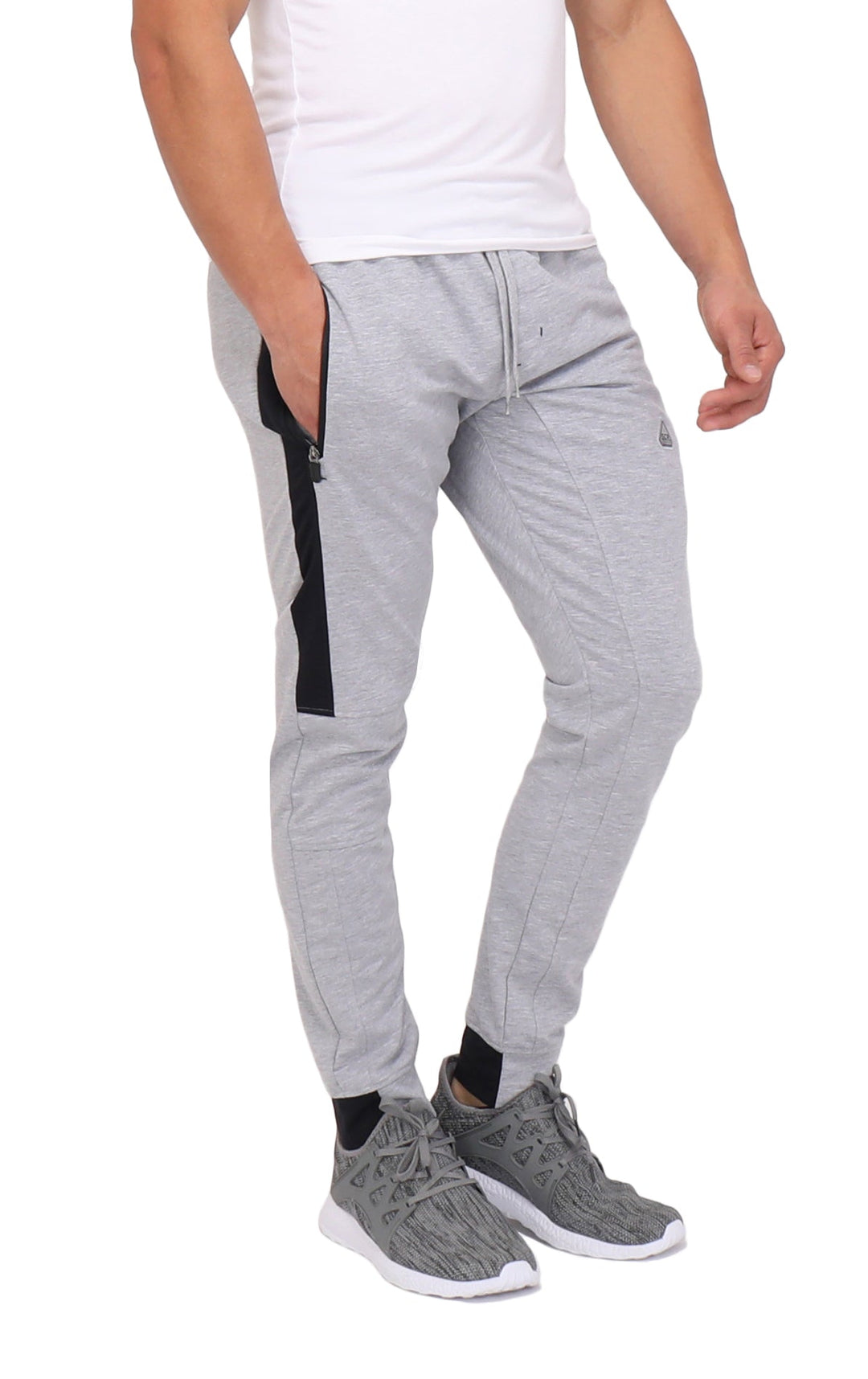 Light grey heather/black joggers with zip pocket and side stripe, ankle cuffed
