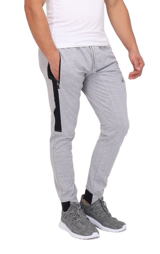 Light grey heather/black joggers with zip pocket and side stripe, ankle cuffed