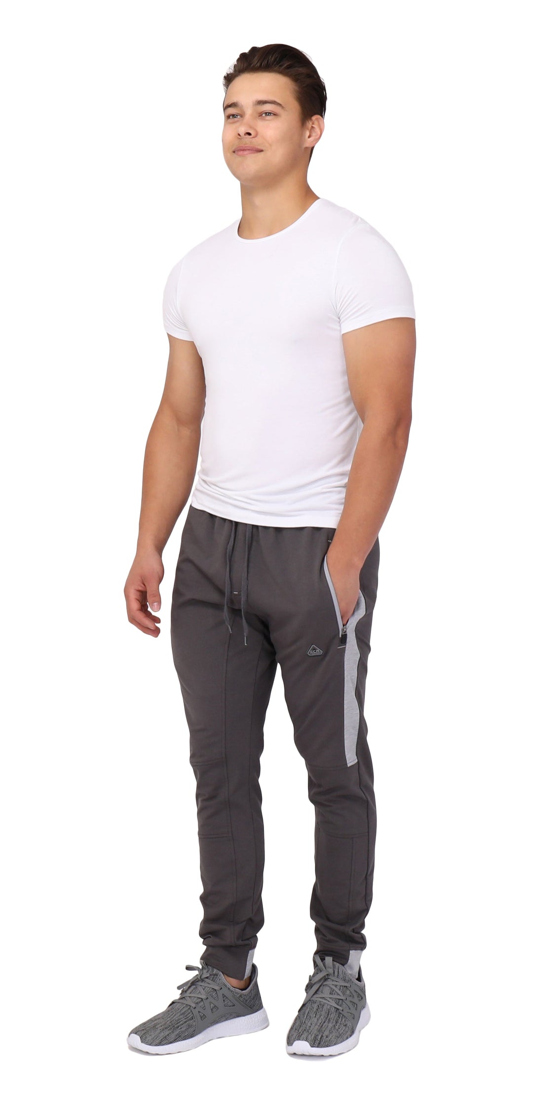 Infinite Flex Jogger TALL full length in dark grey with light grey stripe and tapered cuffs