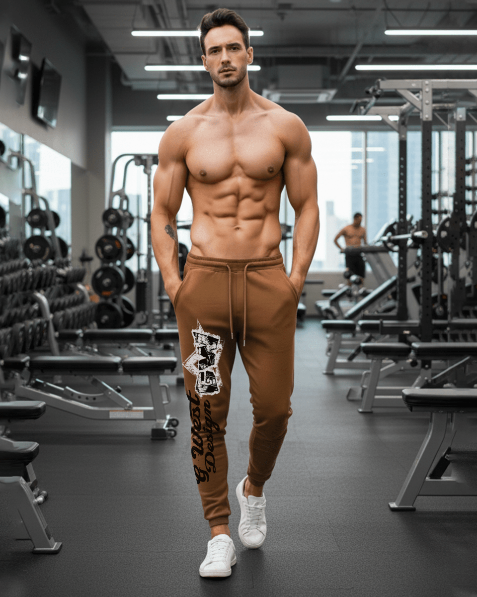 G West brown joggers with large thigh graphic, drawstring waistband, tapered legs
