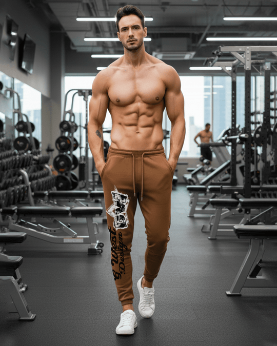 G West brown joggers with large thigh graphic, drawstring waistband, tapered legs
