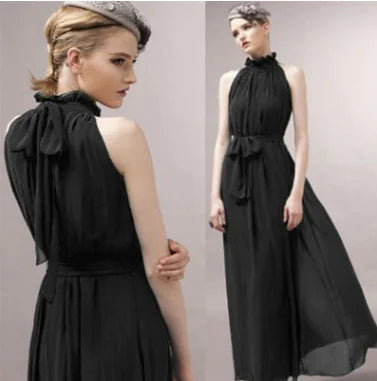 Bohemian Halter-Neck Maxikleid aus Chiffon, schwarz, mit Schleifen am Rücken und hohen Rüschen
