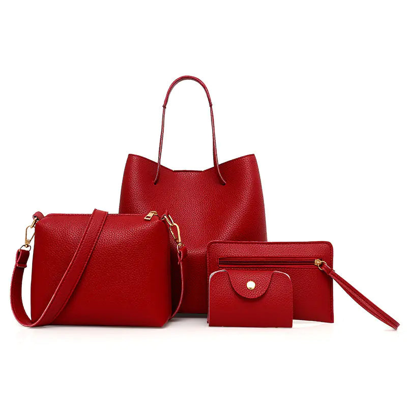 Deep red bucket tote set with crossbody strap and zip wallet pouch