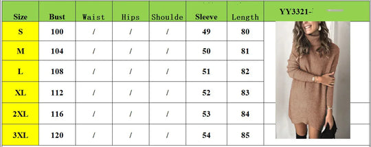 Hollow Knit Sweater Dress size chart showing sizes S–3XL and measurements