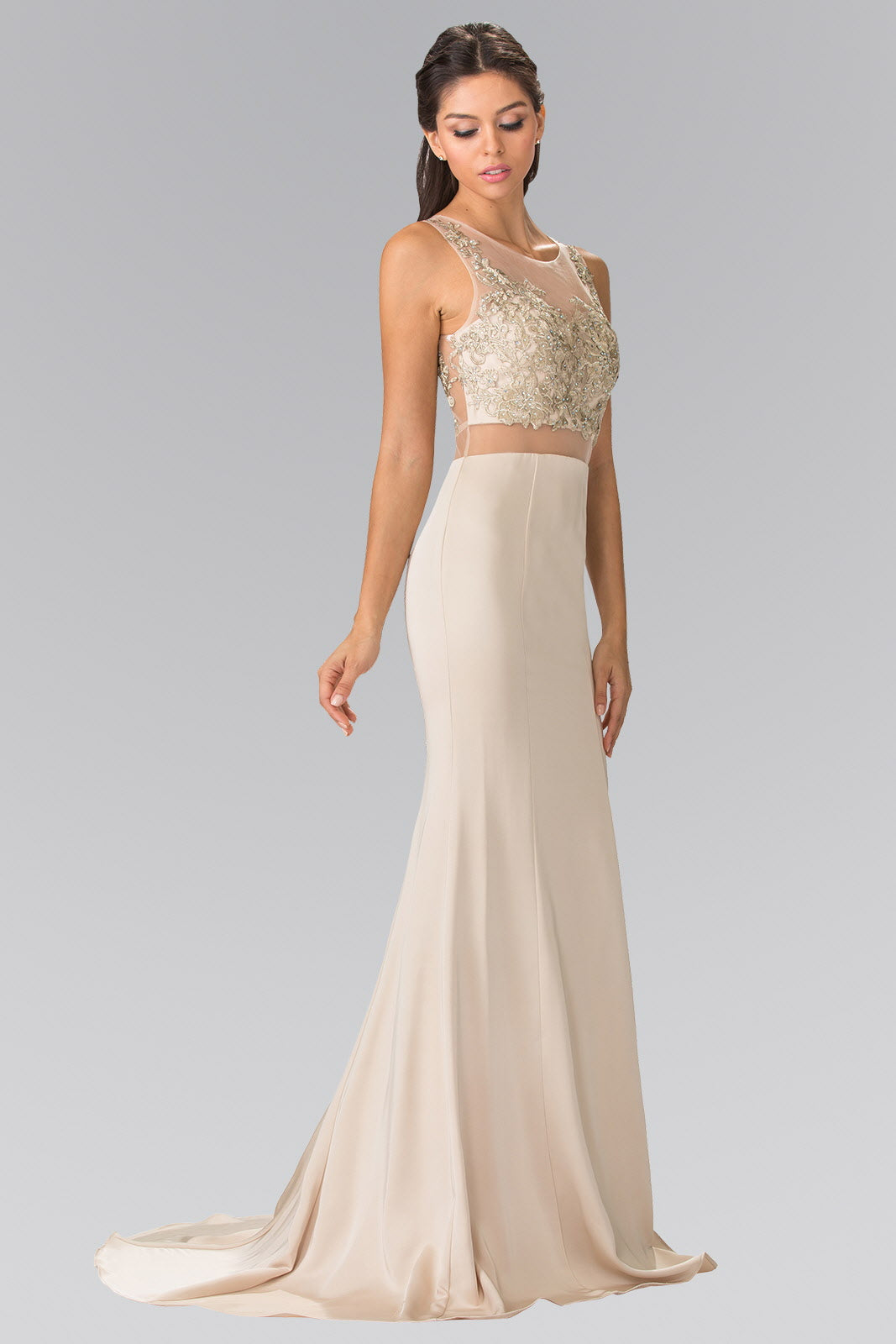 Champagne prom dress with illusion waist and gold beaded lace bodice