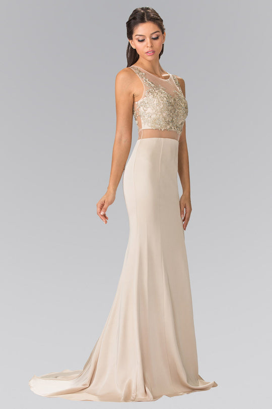 Champagne prom dress with illusion waist and gold beaded lace bodice