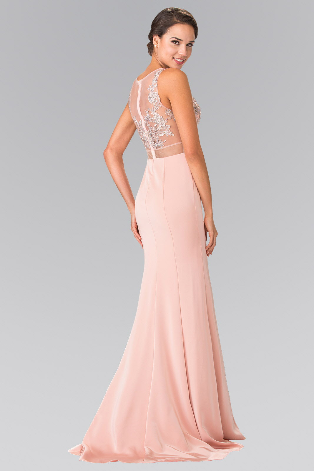 Dusty Rose sleeveless prom dress with embroidered illusion bodice and flowing skirt