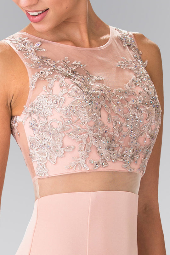 Dusty Rose illusion bodice with dense silver floral embroidery and scalloped beading