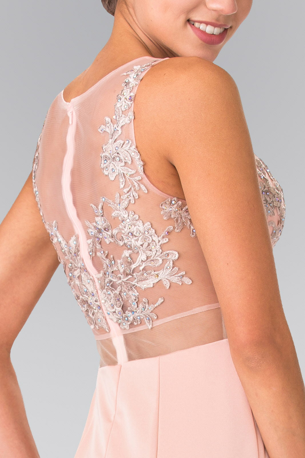 Dusty Rose two-piece prom dress with illusion back and silver floral embroidery