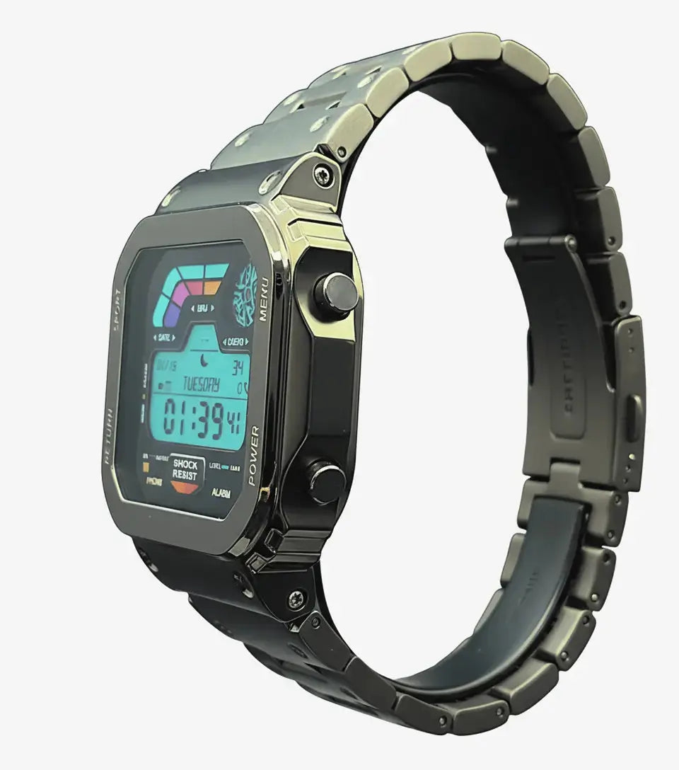 Smartwatch mit dunklem Armband, silbernes Gehäuse und rechteckiges Digital-Display