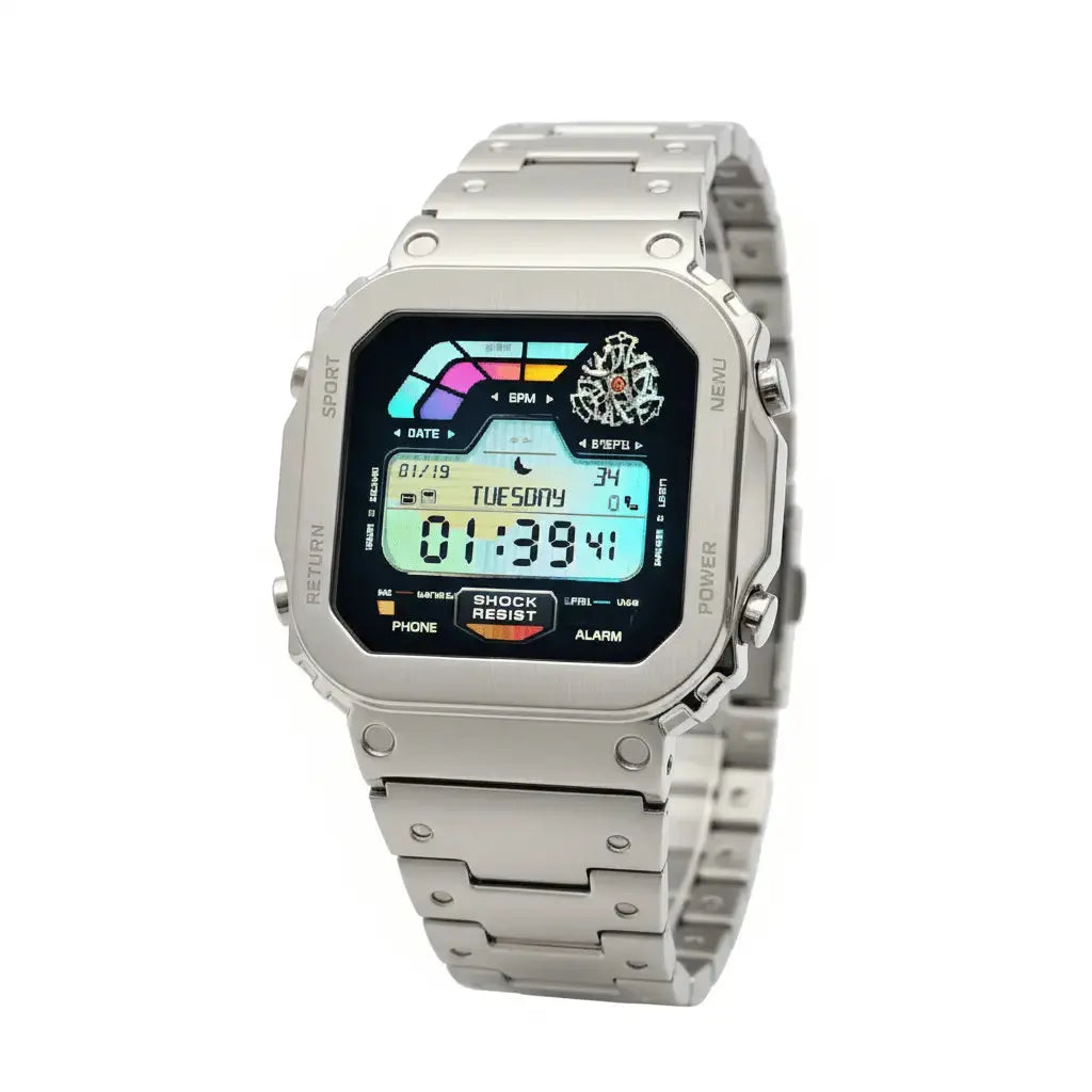 Silberne Smartwatch mit Digital-Display, Stoßschutz-Aufdruck und Metallarmband