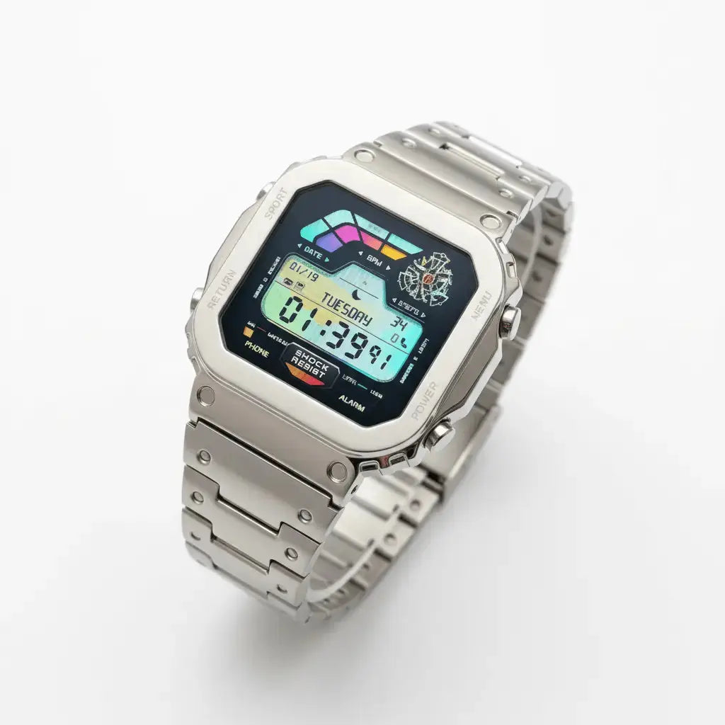 Silberne Smartwatch schrägansicht mit Metallgliederarmband und buntem Digital-Display