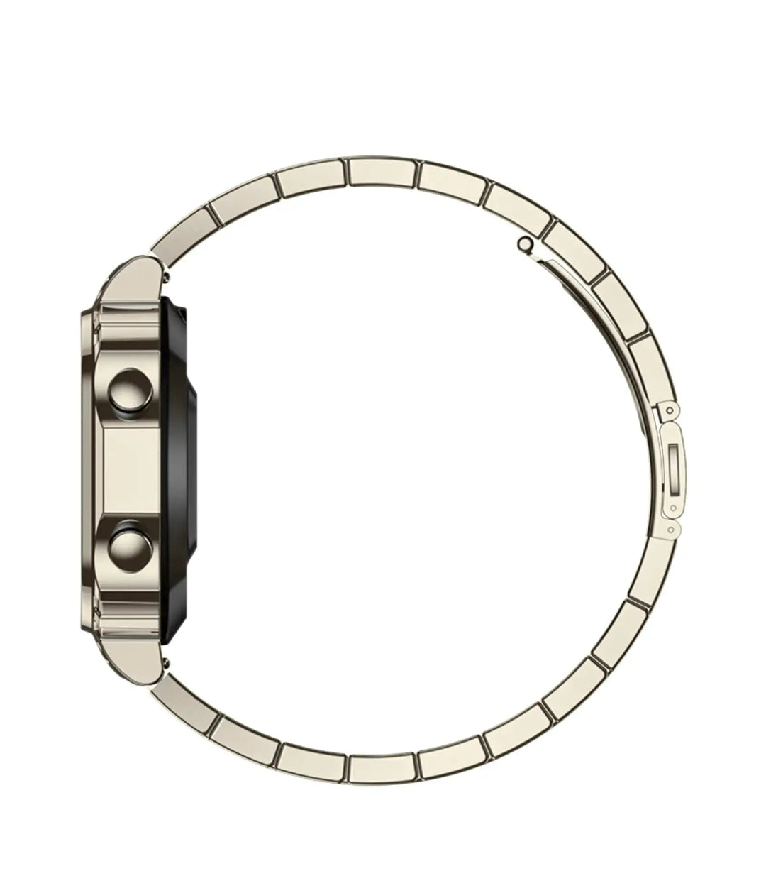 Rückansicht der Smartwatch: silbernes Metallgliederarmband und Knöpfe am Gehäuse