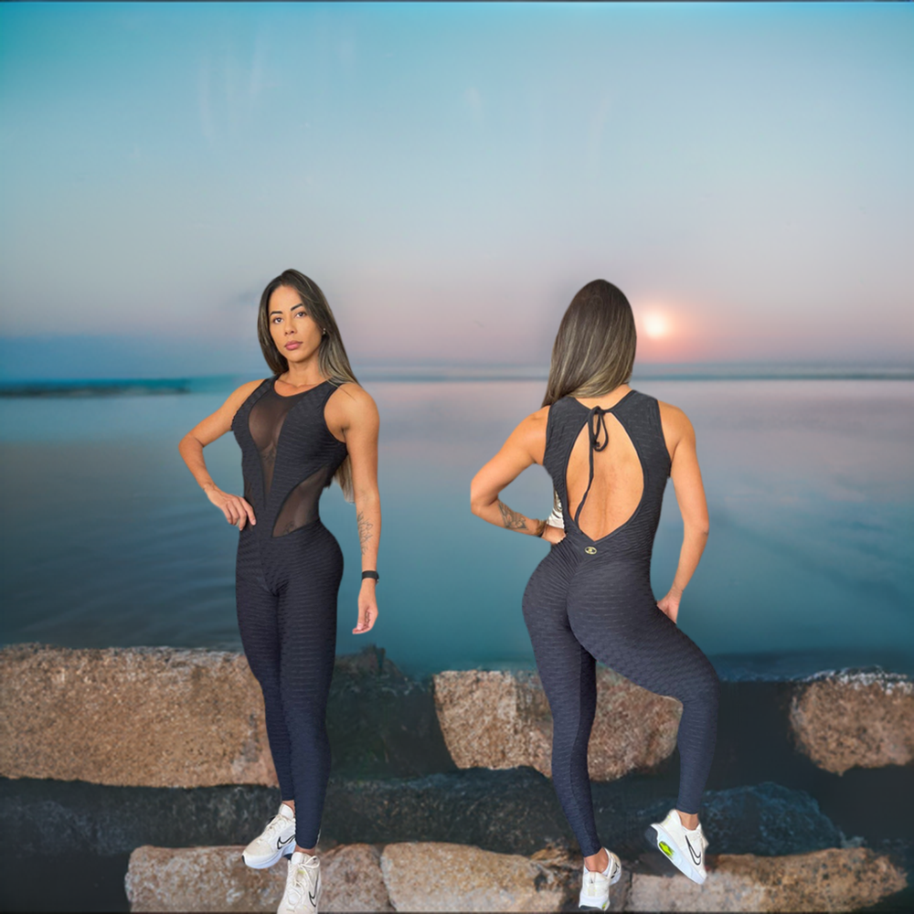 Black jumpsuit, open back with tie strap and full-length scrunchy back seam
