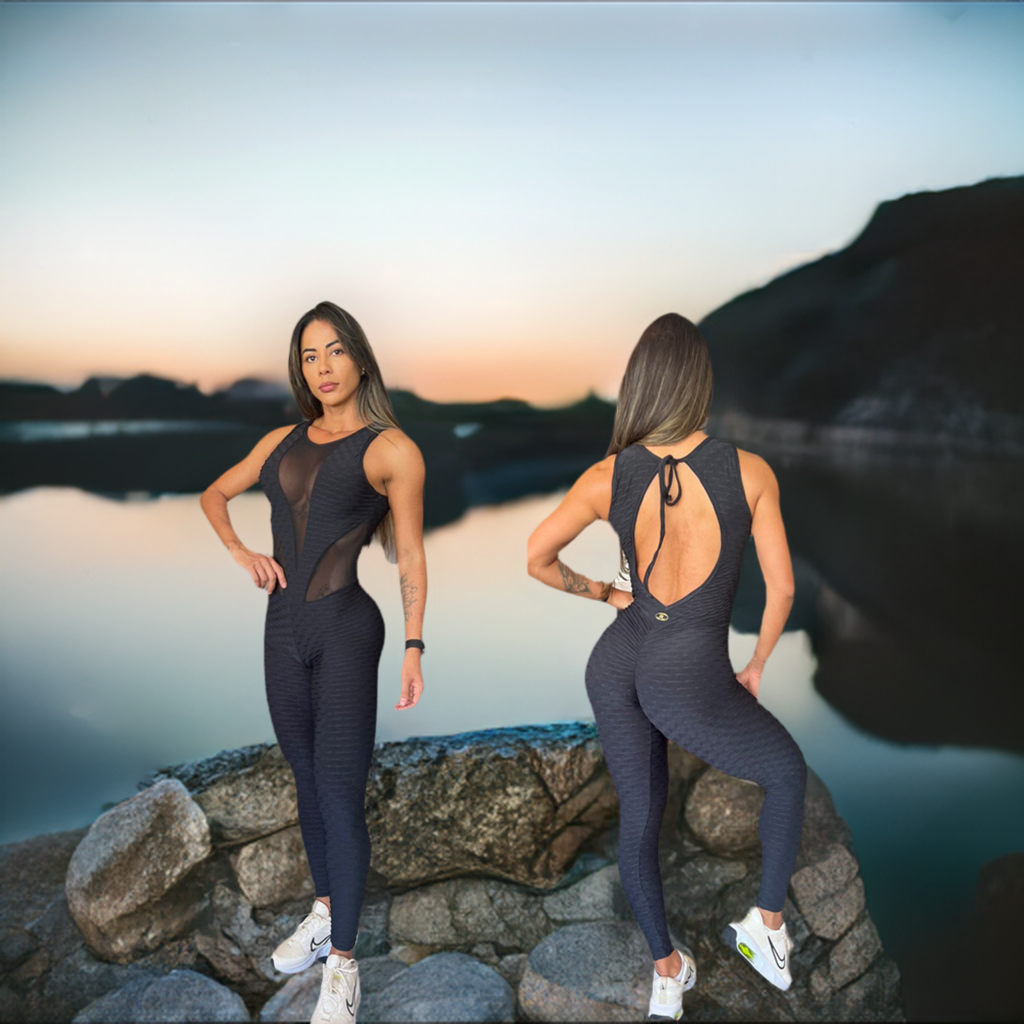 Black scrunch booty jumpsuit, open-back tie and textured fabric