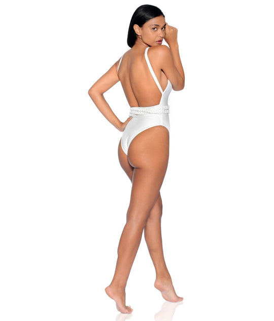 Greece belted one-piece swimsuit off-white, crisscross back straps and belt