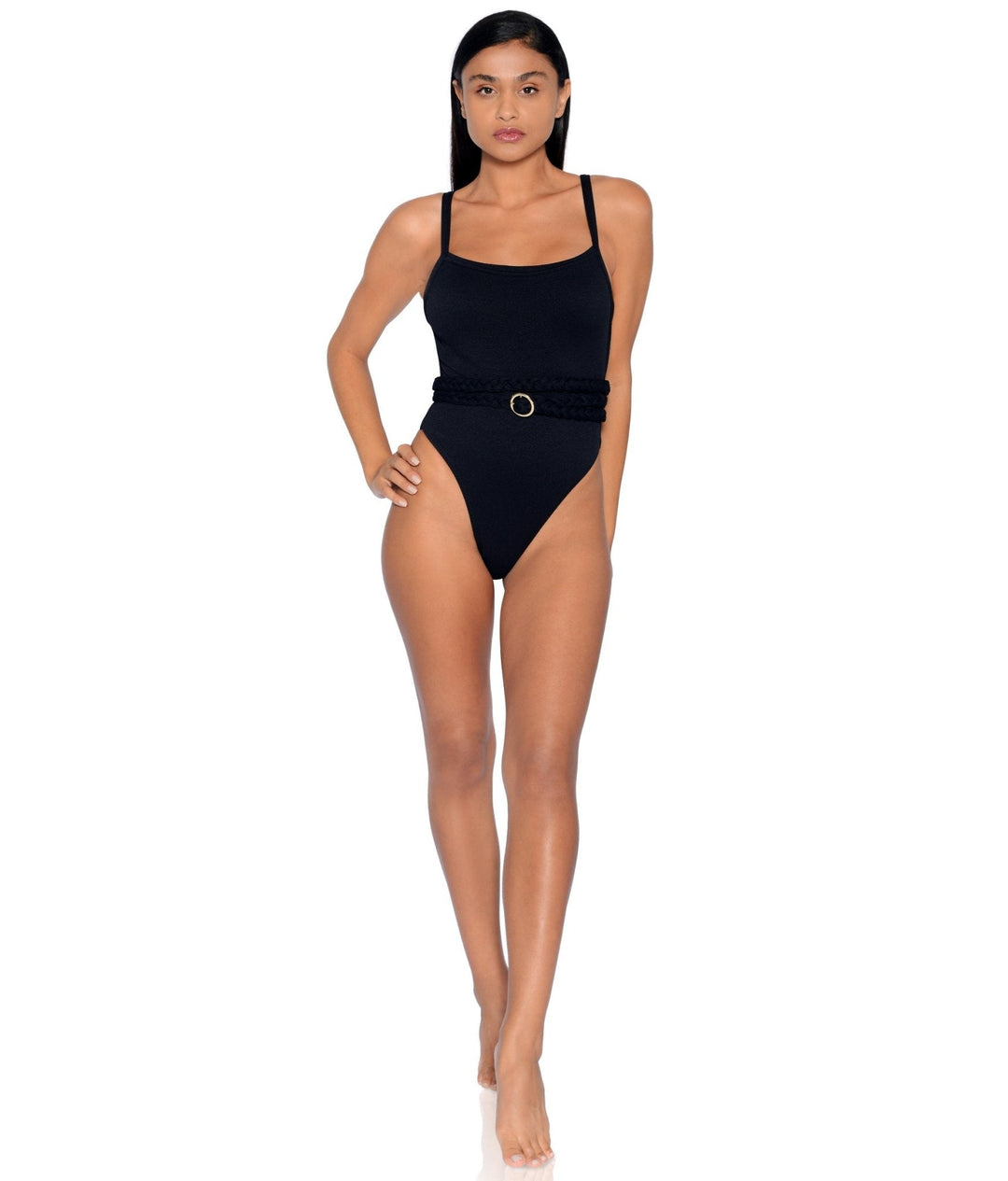 Black Greece belted one-piece swimsuit with textured braided waist belt and gold ring