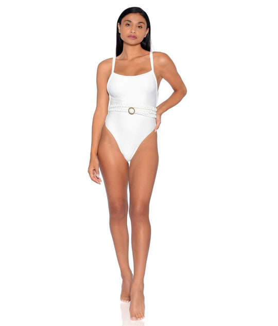 Off-white Greece belted one-piece swimsuit with off-white braided waist belt and gold ring