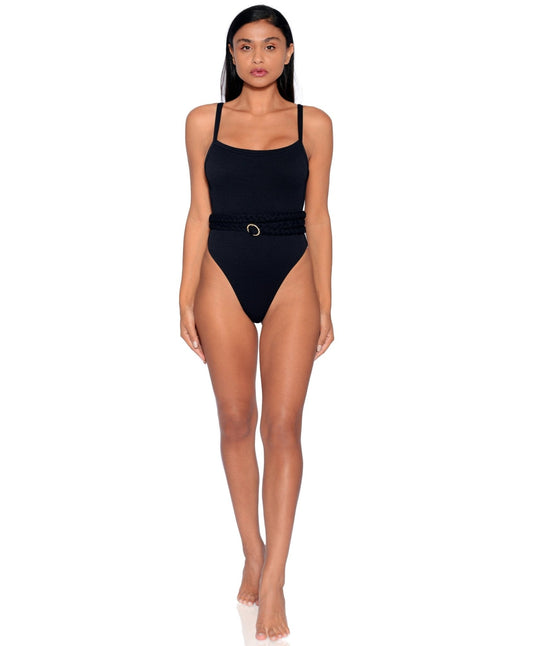 Black Greece belted one-piece swimsuit with braided waistband belt and gold ring