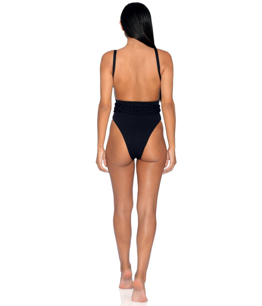 Back view: black Greece belted one-piece swimsuit with braided waist belt and gold ring