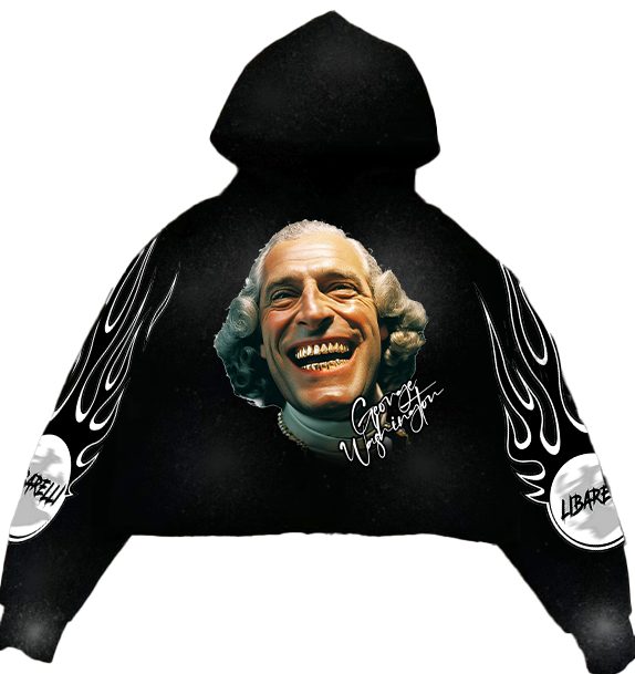 George Washington hoodie black with portrait print, flame sleeves, and white flame details