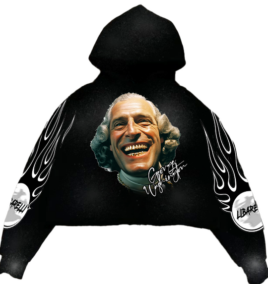 George Washington hoodie black with portrait print, flame sleeves, and white flame details