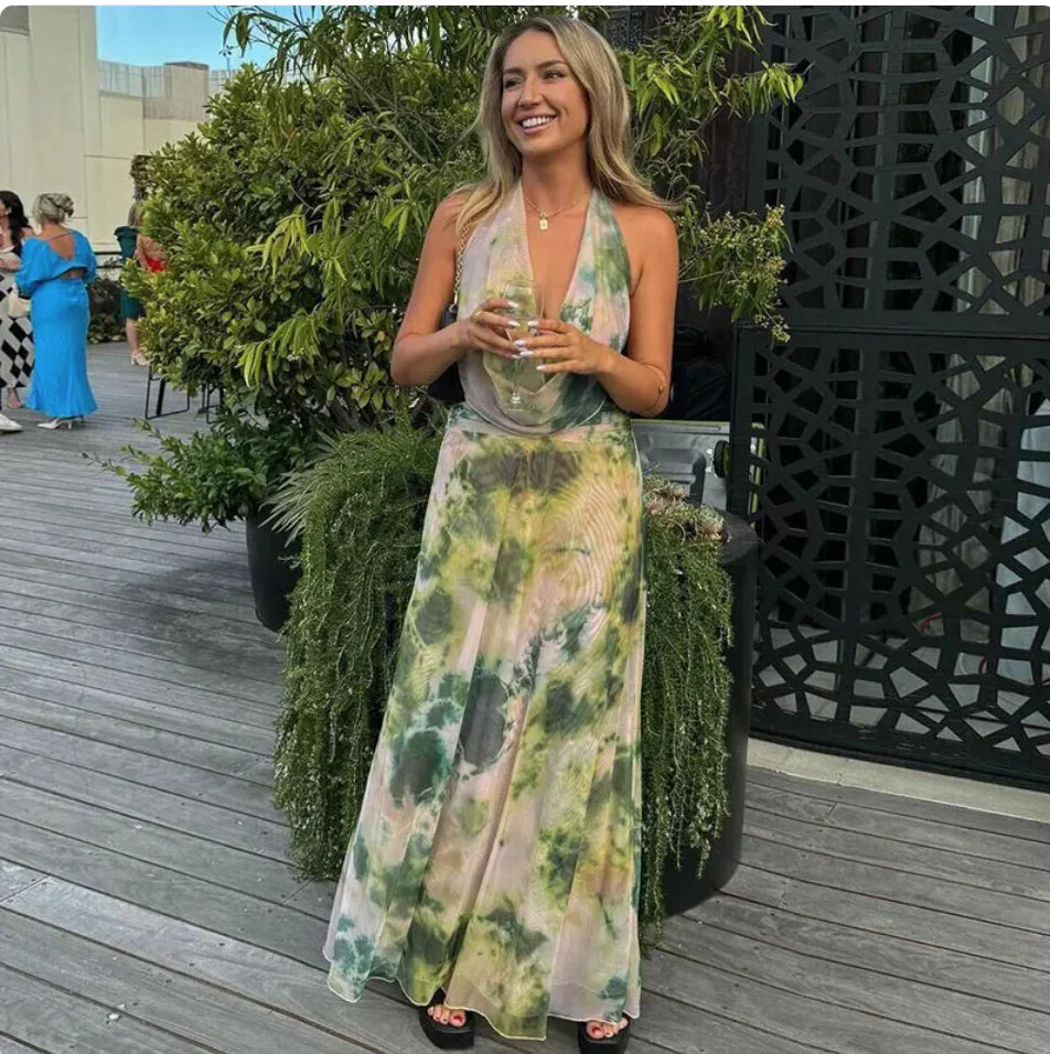 Green tie-dye halter backless maxi dress set, flowing long skirt