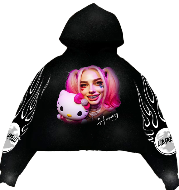 Black Harley hoodie with flame sleeve print and front graphic of pink-haired woman
