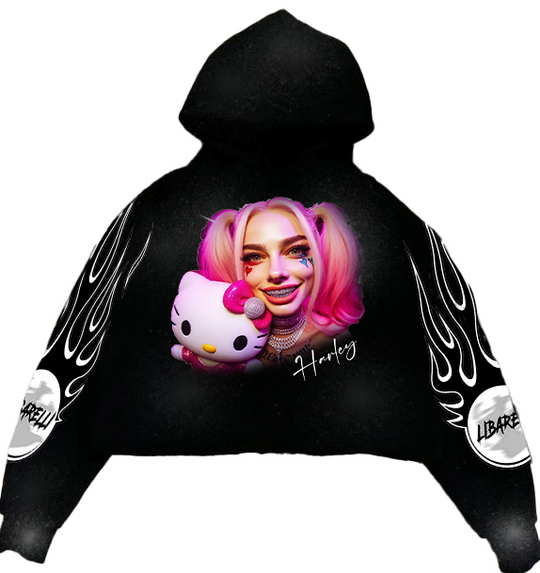 Black Harley hoodie with flame sleeve print and front graphic of pink-haired woman