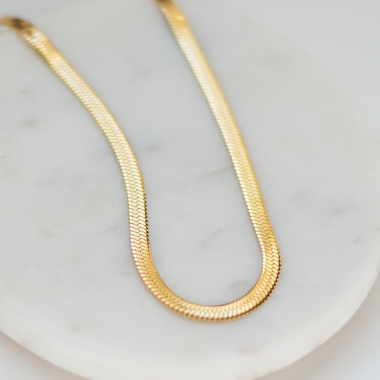 Gold herringbone chain necklace, fine textured rope-like linked design