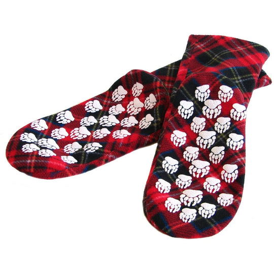 Fleece-Socken mit Pfotenmuster (Nonskid), rot mit dunkelblauem und grün-gelbem Karomuster