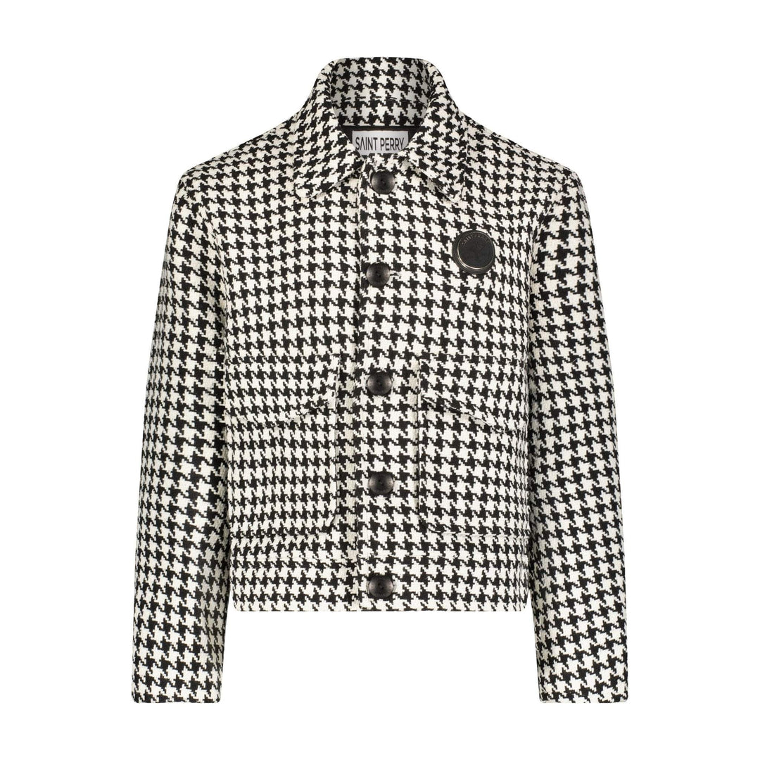 SAINT PERRY houndstooth jacket, black buttons and stand collar, flap pockets